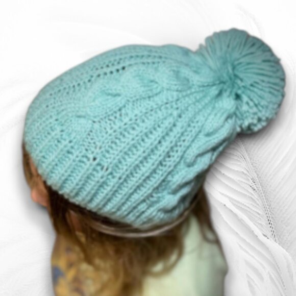 Hand-Knitted Winter Hat with Pom-Pom – Soft Blue Cable Beanie - Picture 12 of 12